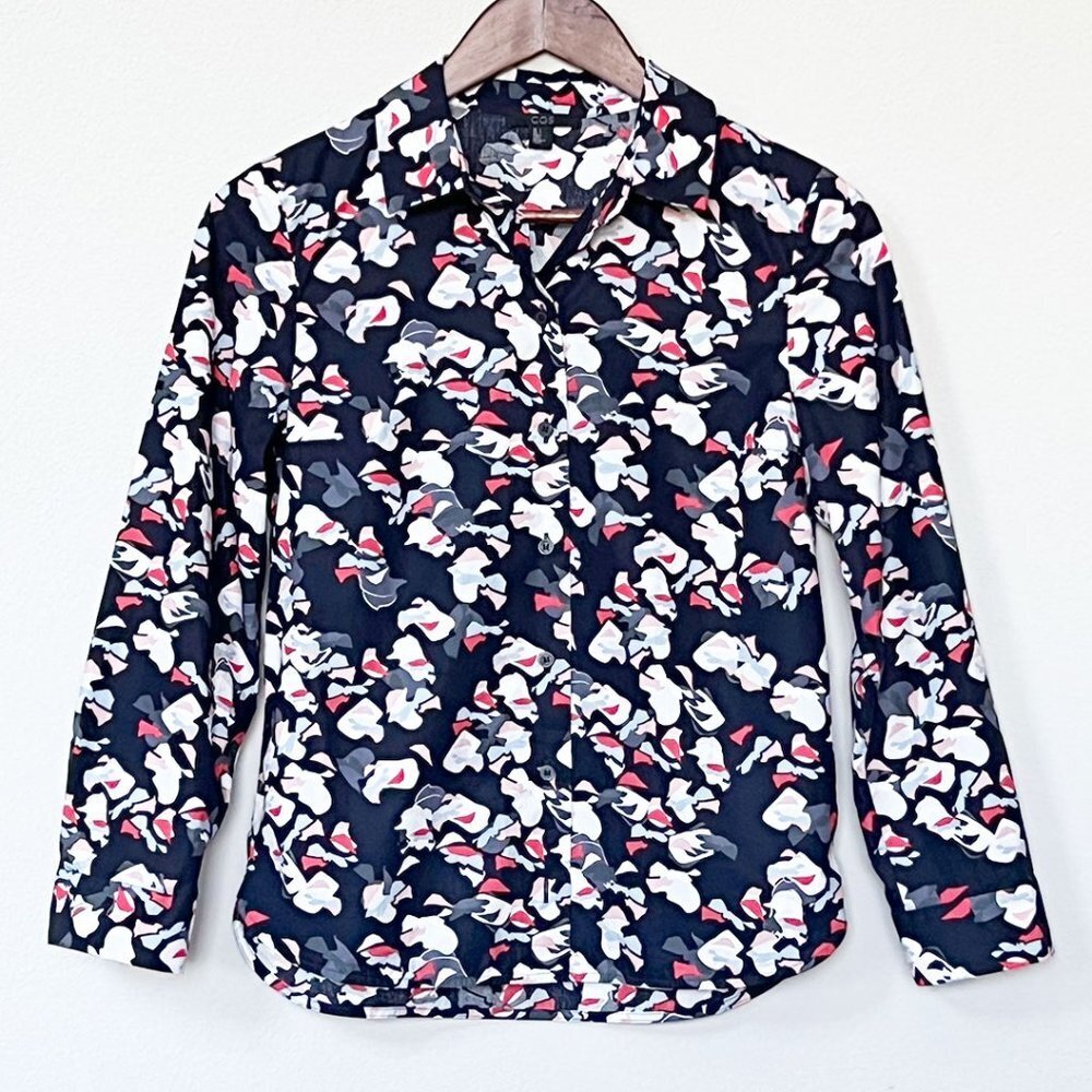 COS 100% Cotton Button Up Down Shirt Top Blouse Abstract Floral Navy Blue 2 $120